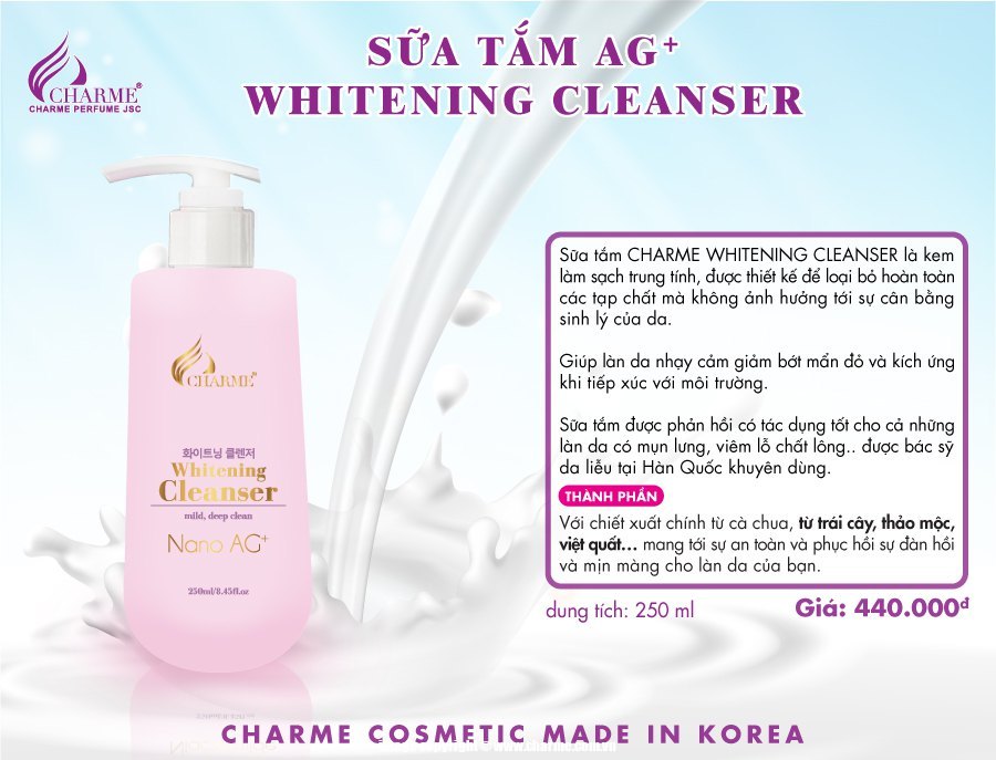 Sữa Tắm Charme Whitening Cleanser Ag+ Hàn Quốc 250ml