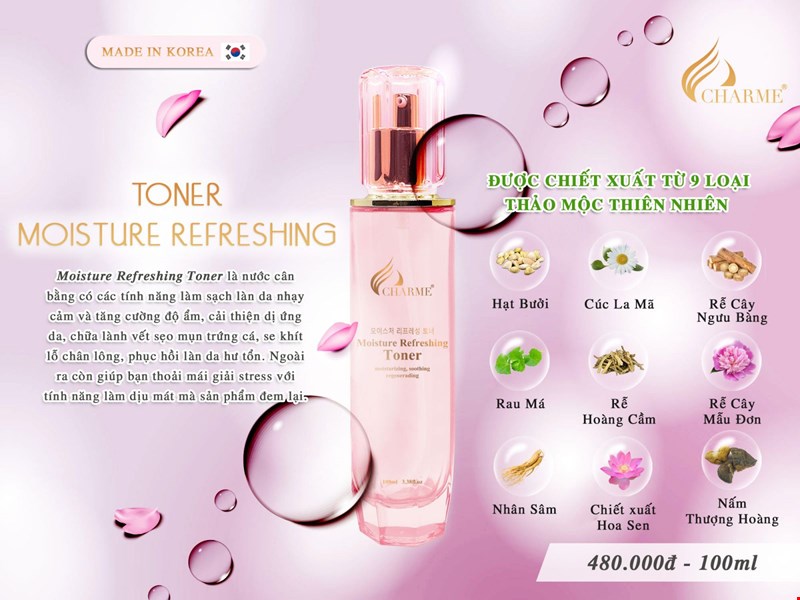 Charme Moisture Refreshing Toner 100ml - Cân Bằng, Dưỡng Da 2 in 1